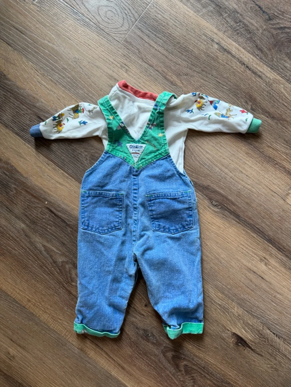 Vintage OshKosh B'gosh Blue Denim Overalls with Green Trim long sleeves
